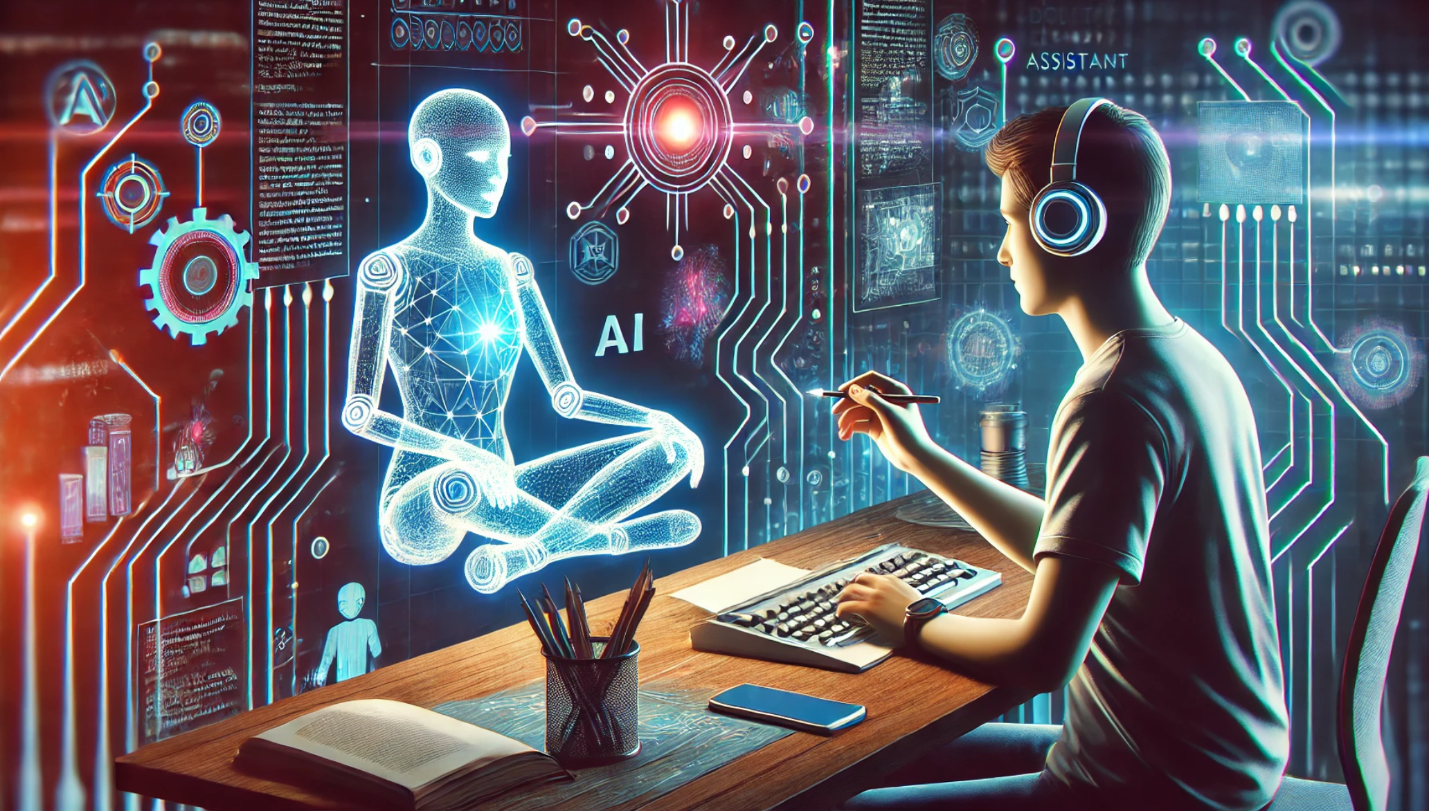 Human writer collaborating with a holographic AI assistant through a glowing digital interface.