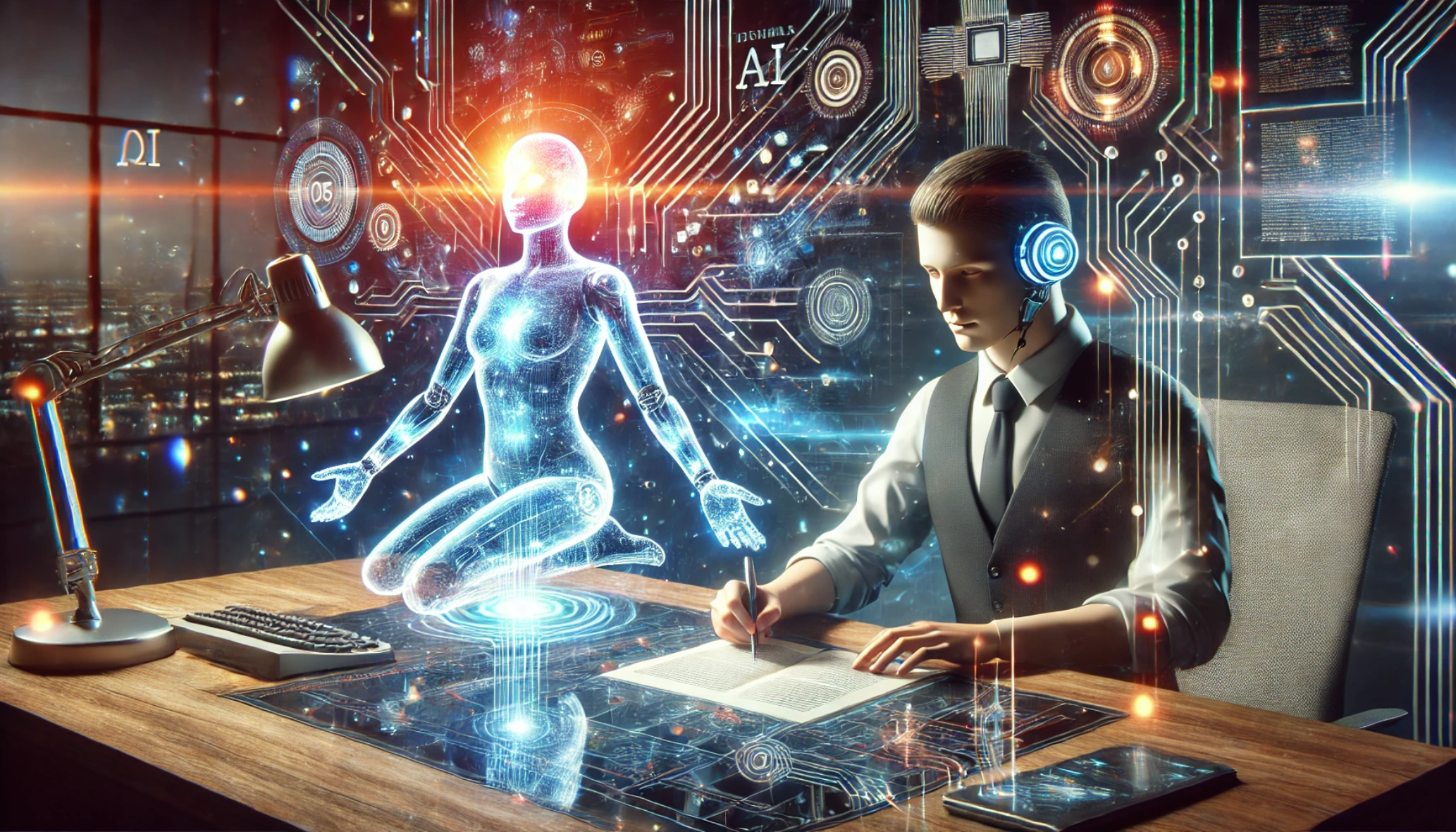 Human writer at a digital desk collaborating with a floating holographic AI assistant