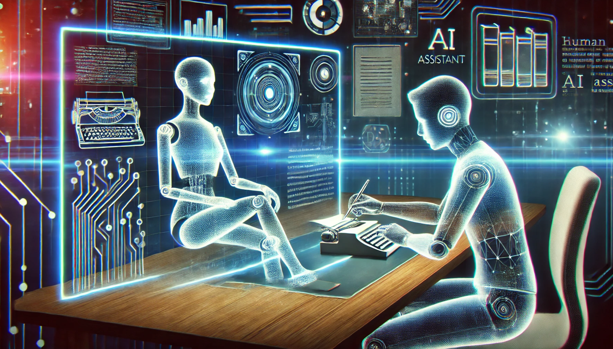 Human collaborating with a holographic AI assistant at a modern desk in a high-tech setting