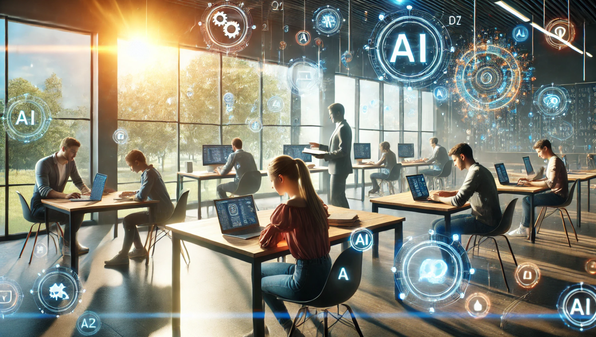 Students in a classroom working on laptops with AI symbols