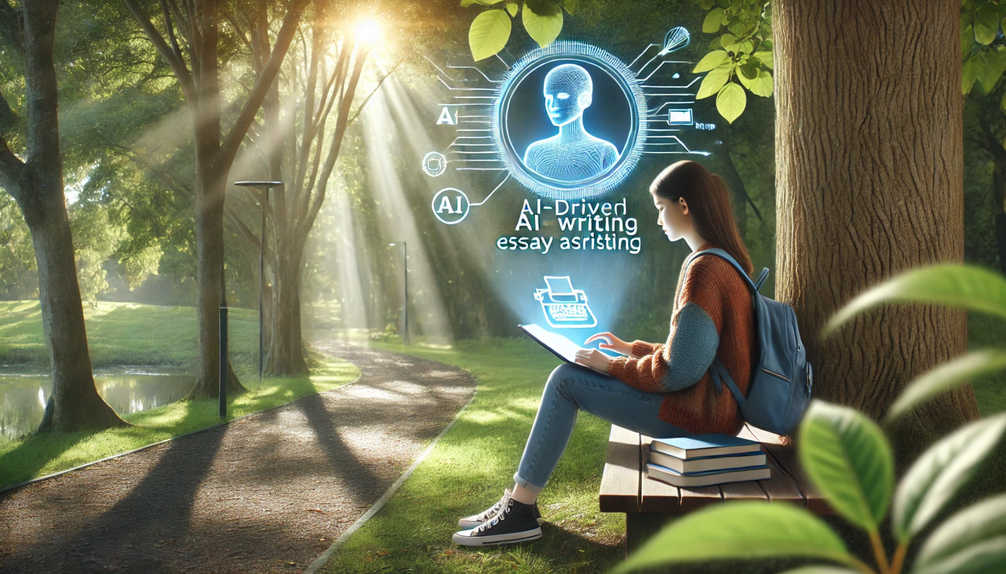 Student using a tablet with AI elements in a park